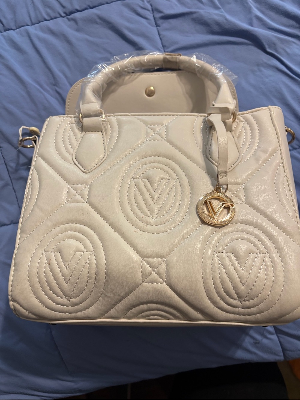 Valentino Orlandi White Quilted Top-Handle Tote with Gold Charm